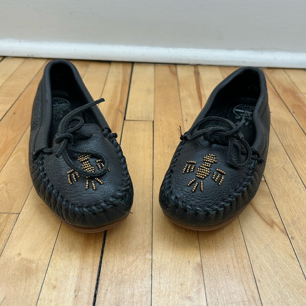 Minnetonka x Wren Black Leather Moccasins with Gold Beaded Design